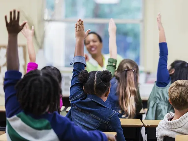 elementary school students raising their hands in class